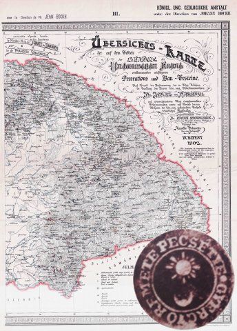 Schafarzik Ferenc -  A magyar korona országai területén található mű és épitőipari szempontból fontosabb kőzetek előfordulási helyeinek átnézetes térképe (M. Kir. Földtani Intézet, Budapest, 1902). 
